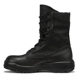 Black leather boot with laces on a white background